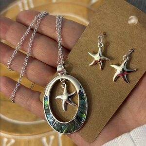 Starfish Silvertone and abalone Jewelry Set necklace and dainty earrings